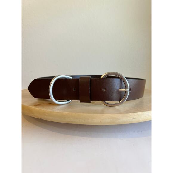 Brown Genuine Italian Leather USA Made Silver Loop Buckle Belt Size Large